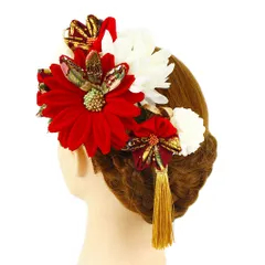 髪飾り 成人式 振袖 浴衣 卒業式 袴 結婚式 2点セット 赤 白 金 花 和 洋 かんざし 手作り 簪 つまみ細工 ちりめんフォーマル 花飾り 玉飾り ブライダル W 68 304-283  o842　Si