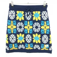 クアルトユナイテッド ニットスカート ネイビー×イエロー 総柄 刺しゅう ウール混 裏地付  レディース L ゴルフウェア CUARTO UNITED