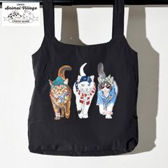 CORISCO コリスコ Animal village 猫 犬 プリント エコバッグ 手提げ バッグ お買い物袋 アニマルプリント かわいい 動物プリント レディース ポリリップ ブラック グレー 111921 チャコール 猫