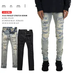 mnml デニム ジーンズ インディゴライトブルー/ブラックデニムミニマル ジーパン Gパン パンツ スキニー スリム ストレッチ ペイズリー柄 X165 b系 ヒップホップ ストリート系 ブランド 23ML-SP222D 34 36 38