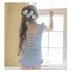 【肩フリル・サックス】ワッフルライクギンガムスイムワンピース TAK キッズ キャサリンコテージ