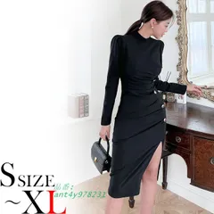 サイド5連ボタン ハイネック膝丈タイト長袖ワンピース 黒 おしゃれ 大人カジュアル フェミニン 韓国 ant4y978231