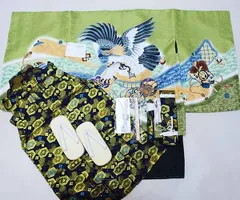 七五三 五歳 男児 羽織袴フルセット 着物 M寸 綸子地 緑地 鷹 お仕立て無料 袴変更可能 祝着 NO37812