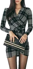 ISLAYCAOLILA カシュクール ワンピース チェックプリント タイトミニ Vネック 長袖 レディース 黒(ブラック,  M)