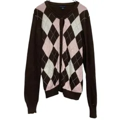 TOMMY HILFIGER ニット セーター カーディガン コットン混紡 レディース XL ブラウン ピンク アーガイル 古着卸 アメリカ仕入 a611-7741