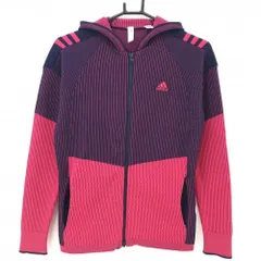 ★特価★【美品】アディダス ニットジップパーカー ネイビー×ピンク ストライプ編み ジャケット レディース L ゴルフウェア adidas