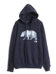 【お得なクーポン配布中!】 ノースフェイス プリント スウェット フード パーカー メンズ L / 古着 The North Face プルオーバー 裏起毛 トレーナー ベア イラスト 紺