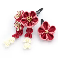七五三 髪飾り 三歳 七歳 日本髪 花 2点セット ちりめん ピンク 赤 白 ゴールド つまみ細工 藤下がり 小さい ピン ぱっちんピ No.9-5247