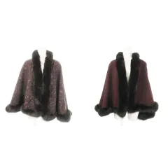 ノーブランド リバーシブル ケープ マント コート ポンチョ フォックスファー付 毛皮 ペイズリー柄 無地 紫 パープル /MN22 ■GY18