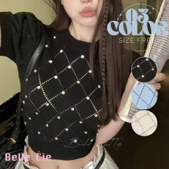 サマーニット トップス 半袖 ビジュー きれいめ ショート丈 春 レディース 韓国ファッション オフィス 大人 かわいい フィット ダイヤ おしゃれ