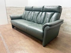 ■ニトリ 本革ソファ 3人掛け 3P グリーン 椅子 レザー ハイバック 家具 インテリア 190cm幅(畑775)
