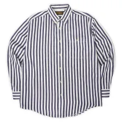 エディーバウアー Eddie Bauer 90s 90年代 ストライプ ボタンダウンシャツ 黒タグ 美品 長袖 BD USA アメリカ ヴィンテージ 古着 メンズ シャツ ネイビー ホワイト L-TALL【中古】