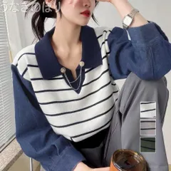 【韓国系 ファッション 】 ポロカラーニットセーター ボーダー 秋冬