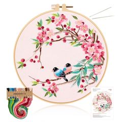新品 ALLMIRA 刺繍キット 初心者 セット ししゅうキット 刺しゅう クロスステッチ 手作り DIY刺繍工具 刺繍 枠 20CM1本 刺繍糸 刺繍用布1枚 刺繍針2本 英語説明書付き (鳥と花 1個入)