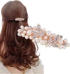 Herbeluemily(ハベルミリィ) バレッタ パール ビジュー ストーン 金具 髪留め ヘアクリップ おしゃれ 大人 上品(B リーフ)