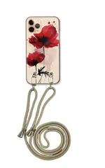 iPhone13 mini  アイフォン13 ミニ スマホケース ショルダーストラップ 紐 付き ポピー 花 フラワー 赤 水彩 和風 おしゃれ キレイ 透明ケース かっこいい ベージュ カラー02