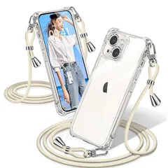 iPhone 13 ケース クリア ショルダー 耐衝撃 iPhone13 スマホケース 透明 織りストラップ付き 肩がけ 首掛け 紐付き アイフォン13 カバー 縄掛け シングルショルダーロープ 斜めがけ 調節可能なショルダー クロスボディ 多目的キャリー 1