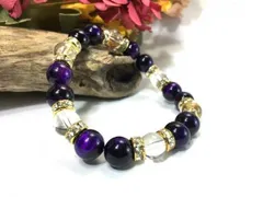 パープルタイガーアイ×水晶 パワーストーン ブレスレット 天然石ブレス 10mm (ロンデル：ゴールド) メンズ・レディース　浄化済み △