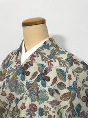 【中古】 Mサイズ 小紋 化繊 薄グレー地に枝花模様 袷着物 洗える着物 