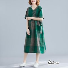 ワンピース レディース 夏 ワンピース マキシワンピース ロングワンピース チェック柄 Ｖネックワンピース薄手 半袖 ゆったり 40代 きれいめ