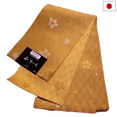 半幅帯（桜と矢絣柄：イエロー系）キラキラ ラメ入り 日本製 ロング 長尺 リバーシブル 細帯 浴衣 着物 小紋 レディース 女性 和装 和服