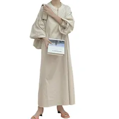 Color:キャメル_Size:M [Leadamon-oee] ワンピース レディース ロングワンピース 長袖 大きいサイズ カジュアルワンピース Aライン マキシワンピ 無地 クルーネック ランタンスリーブ ジップ ゆったり 体型カバー 普段着 通勤 旅行