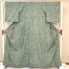 ［きものキレイ］小紋（袷）ブルーグレー　緑　幾何学文様　身丈157.5cm　裄丈65.2cm　ポリエステル　リユース　　Ｐ002