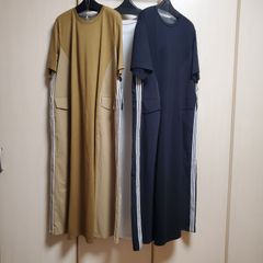 Bluefronce カジュアル 半袖 ロングワンピース 3色 フリーサイズ　38　ペチコート付き　ゆったりめ　切り替え配色　サイドテープ配色