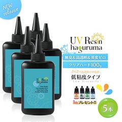レジン液5本セット 大容量 合計500g クリアハード UVレジン液 低粘度 低刺激 高透明 黄変ナシ haguruma歯車