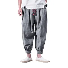 M_ライトグレー FOMANSH メンズ サルエルパンツ 9分丈 綿麻 無地 ガウチョパンツ カジュアル ワイド ゆったり 夏