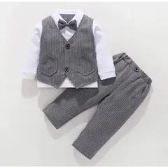 新作✴︎ キッズスーツ フォーマルセット ストラップ柄 男の子 2点セット 結婚式男子衣装　・お誕生日パーティー・入園入学式・卒園卒業式　七五三式衣装　正装　お祝いフォーマルスーツ　長袖　リボン付き　グレー色