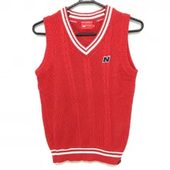 【超美品】ニューバランスゴルフ ニットベスト レッド×白 Vネック 透かし編み ロゴワッペン レディース 2(L) ゴルフウェア New Balance