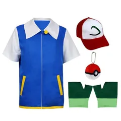 送料無料！ハロウィン衣装 コスプレ 子供コスプレ4点セット サトシ風 ポケモン風 コスプレ 子供コスチューム 衣装 上着 手袋 帽子 サトシ 青い ジュニア 大人子供 キッズ プレゼント