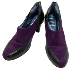 【美品】フィットフィット (23.5) ブーティ バックジップ サイドゴア ヒール パンプス  切り返し スウェード 本革 レザー 希少デザイン