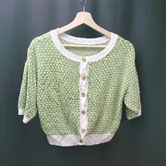 ◇ classicalelf Uネック ケーブル ストレッチ 総柄 ボタン 起毛 半袖 カーディガン サイズM グリーン レディース E  【1310050044121】