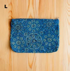 ポーチ　インド綿　ブロックプリント　アジュラック　ターコイズ×紋章　Lサイズ
