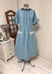 ★ ．Ｍ★コットンリネンワンピース★アリスブルー★フリルワンピース★ナチュラル★森ガール★RIRZ.M★