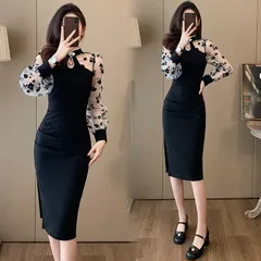 ドレス レディース ワンピース スリット チャイナドレス風 バルーン袖 シースルー 膝丈 ひざ丈 春 夏 秋 新作 長袖 可愛い おしゃれ カジュアル シンプル フォーマル ファッション 結婚式 パーティードレス 入学式 入園式 卒業式 TwfY690