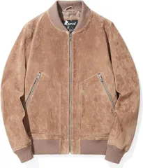 FLAVOR メンズ スエード レザージャケット フライト ボンバー 軽量 バイクライダースジャケット 春秋(カーキ,  S)
