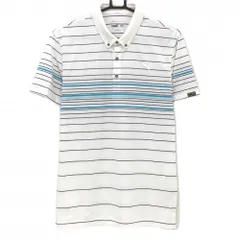 【美品】プーマ 半袖ポロシャツ 白×黒 ボーダー ロゴ刺しゅう ボタンダウン メンズ US-M ゴルフウェア PUMA