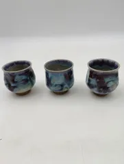 【K-1173】萩焼? 青萩?  湯呑み3客揃 グラデーション