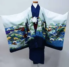 七五三 五歳 男児 羽織・着物・襦袢3点セット 綸子地 白地×濃紺 鷹 5歳 五才 5才 男の子 お仕立て無料 祝着 NO40378-1