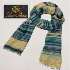 ■希少カシミヤ70%■Loro Piana ロロピアーナ　大判ストール　カシミヤ×シルク　イタリア製　ボーダー　グリーン×イエロー　透け感　194cm×84cm