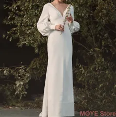 ワンピース 長袖 ロング ホワイト ボリューム袖 シンプル ドレス パーティー 無地  お洒落 上品 Vネック 二次会 0735