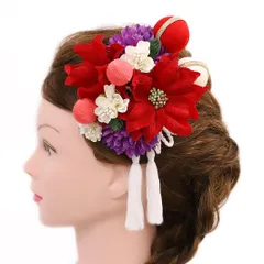 髪飾り 成人式 振袖 浴衣 卒業式 袴 結婚式 2点セット 赤 紫 白 花 和 洋 かんざし 手作り 簪 つまみ細工 ちりめんフォーマル 花飾り 玉飾り ブライダル W 70 304-336 赤 紫 白 p795　Si