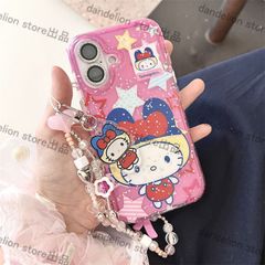 スマホケース　キティーちゃん　ローズピンク　キラキラ　ストラップ付き　iPhone対応　アイフォンケース　iPhone16pro/16promax/15/14/13　可愛いケース　海外限定　新品未使用