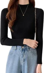 Dep Club タートルネック レディース 薄手 着痩せ リブニット ハイネック インナー セーター 長袖 重ね着 春 秋 冬 春秋 服 春服(ブラック,  Free Size)