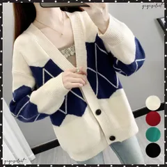 ニットカーディガン レトロ体型カバー秋冬レディース アーガイル柄カーディガン 羽織り ニットアウター 韓国風 Vネック 秋服カジュアル 前開き トップス通勤通学アーガイル柄ニット 長袖ニットトップス ジャガードニット