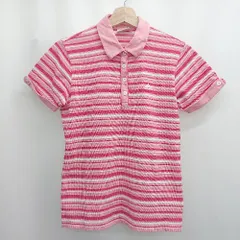 ◇ ⊂ adidas アディダス ボーダー柄 半袖 ポロシャツ サイズL ピンク系 レディース E  【1506230020294】