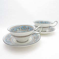 美品 WEDGWOOD ウェッジウッド フロレンティーンターコイズ ティーカップ＆ソーサー 2客 ピオニー ペア 壺ロゴ SY9942J 